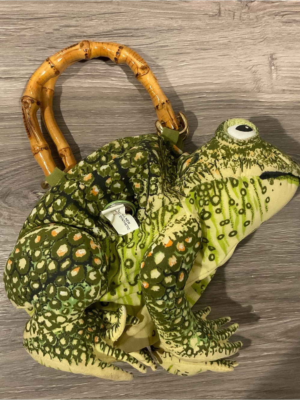 Green Frog Plush Pet-Style Handbag with Bamboo Handle
